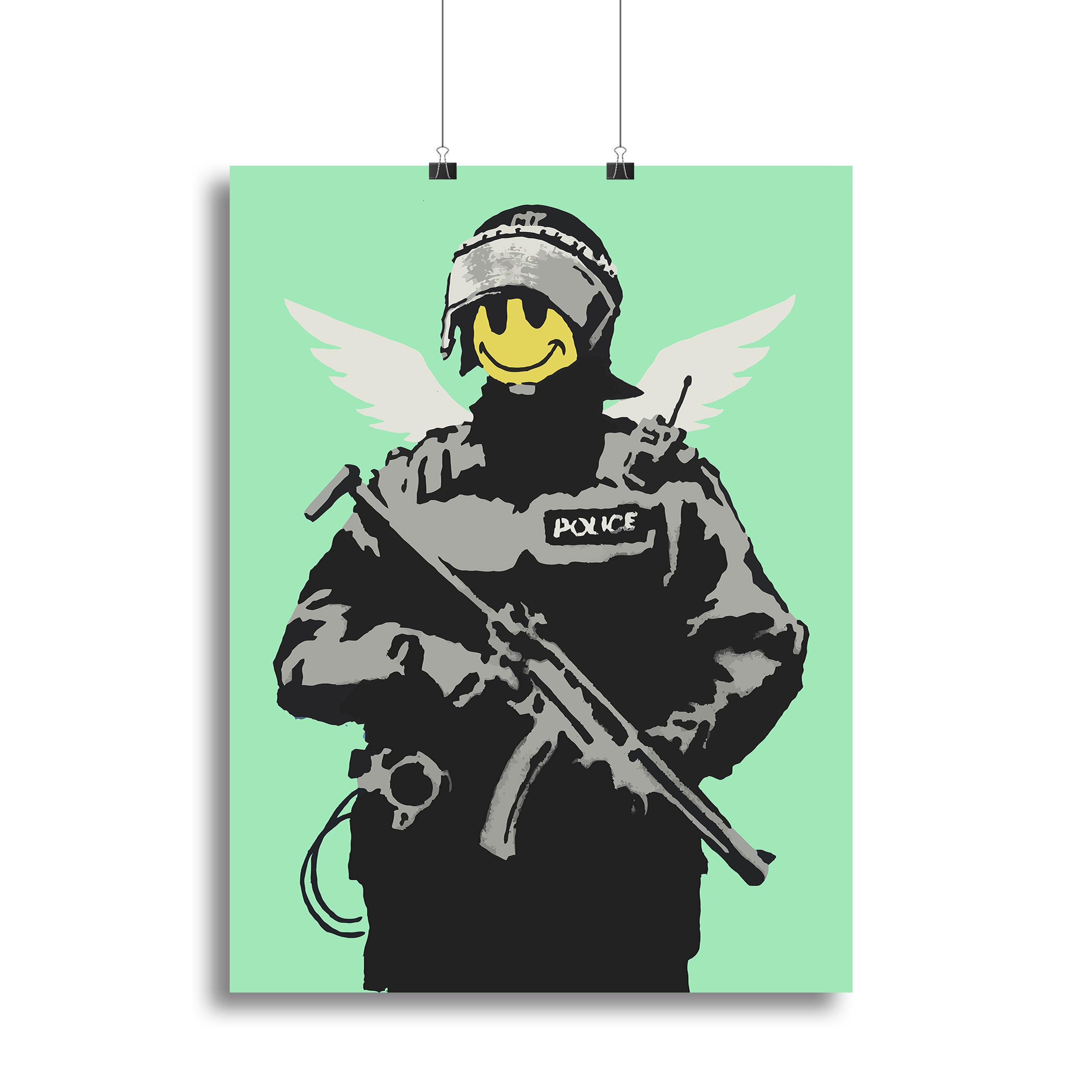 Banksy Smiley Angel Policeman canvas print featuring vibrant green colors and iconic street art style.
