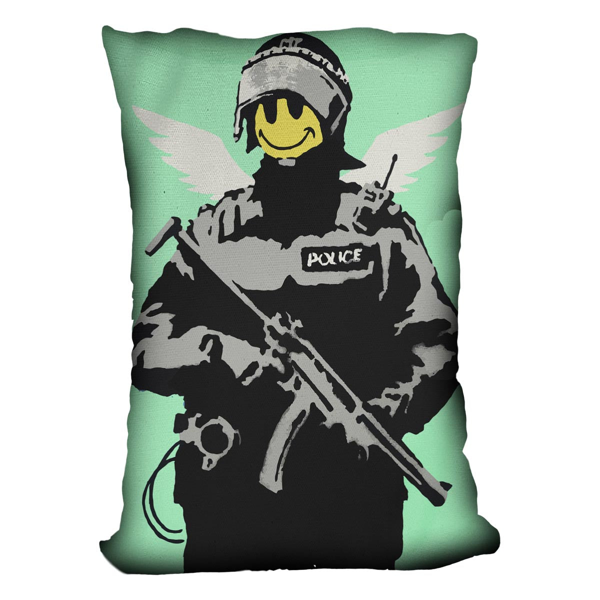 Banksy Smiley Angel Policeman Green Cushion featuring vibrant colors and unique design on luxurious vegan faux suede.