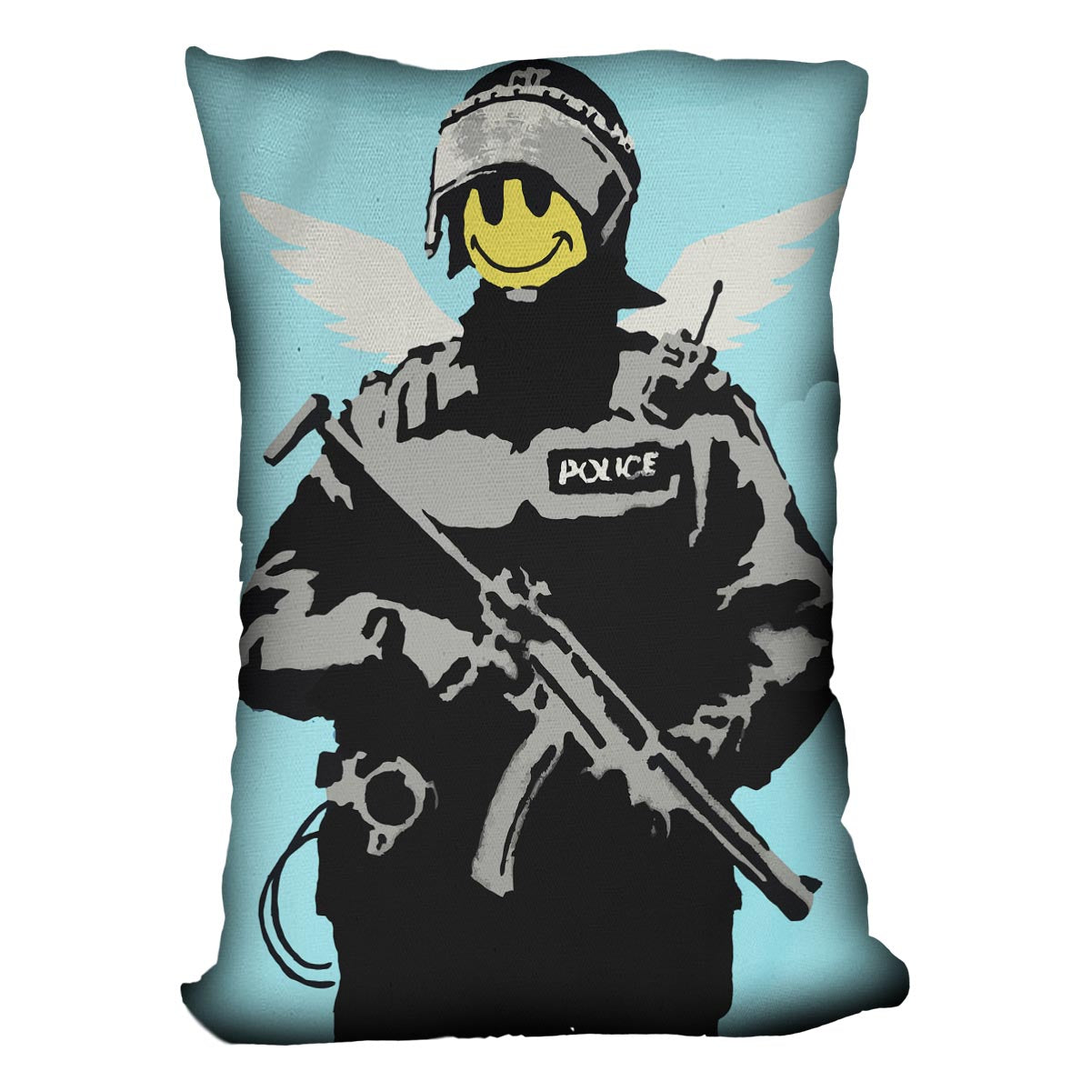 Banksy Smiley Angel Policeman Light Blue Cushion featuring vibrant abstract design on luxurious vegan faux suede.