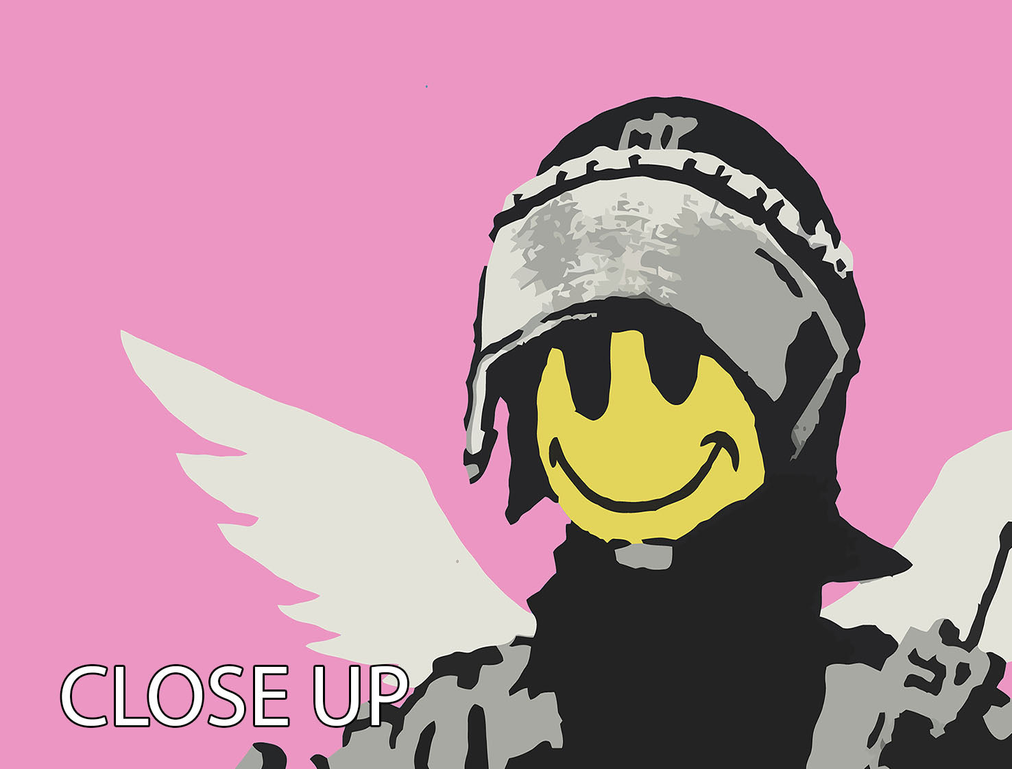 Banksy Smiley Angel Policeman Pink 3-panel canvas print showcasing vibrant colors and modern art style.