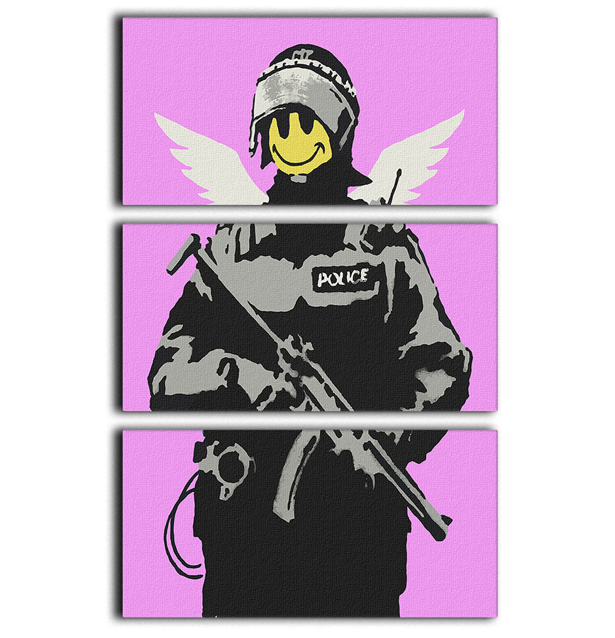 Banksy Smiley Angel Policeman Purple 3-panel canvas print showcasing vibrant colors and modern art design.