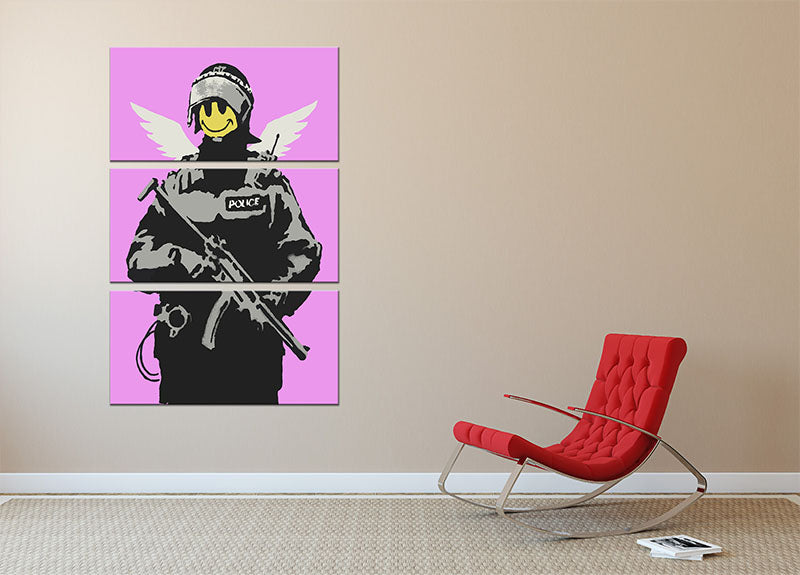 Banksy Smiley Angel Policeman Purple 3-panel canvas print showcasing vibrant colors and modern art design.