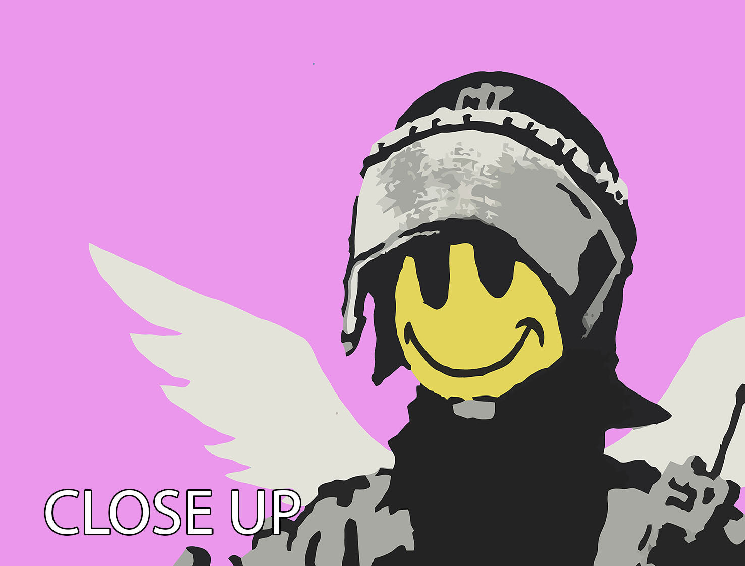 Banksy Smiley Angel Policeman Purple 3-panel canvas print showcasing vibrant colors and modern art design.