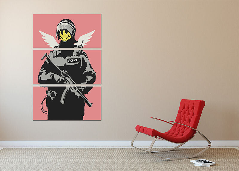 Banksy Smiley Angel Policeman Red 3-panel canvas print featuring vibrant colors and modern art design, perfect for home decor.