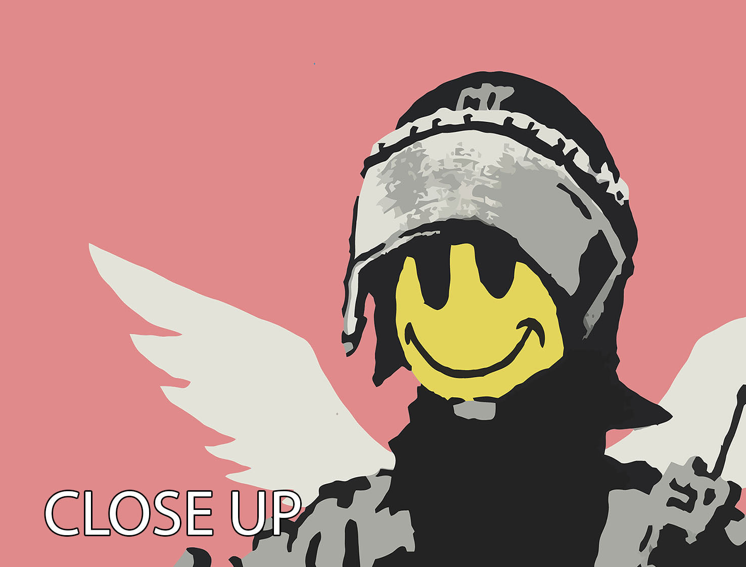 Banksy Smiley Angel Policeman Red 3-panel canvas print featuring vibrant colors and modern art design, perfect for home decor.