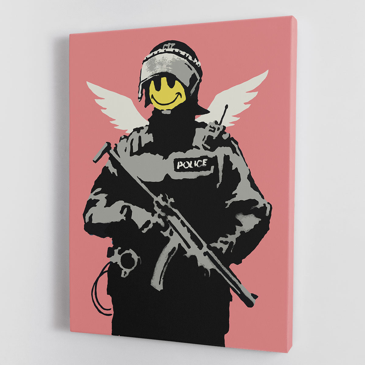 Banksy Smiley Angel Policeman Red Canvas Print featuring a whimsical angelic figure in police attire against a vibrant red background.