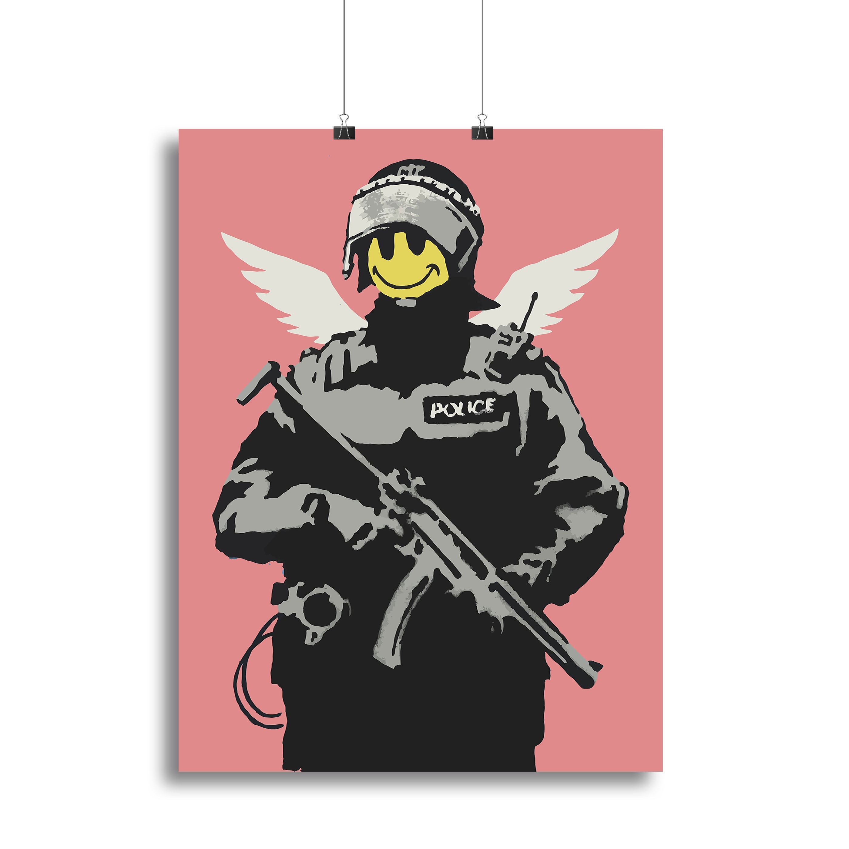 Banksy Smiley Angel Policeman Red Canvas Print featuring a whimsical angelic figure in police attire against a vibrant red background.