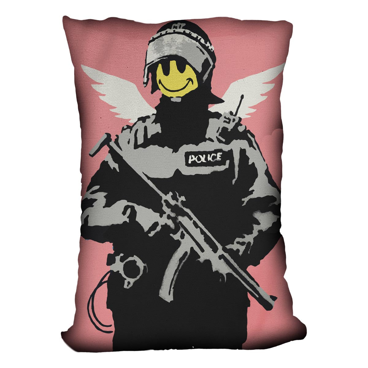 Banksy Smiley Angel Policeman Red Cushion featuring vibrant colors and unique design on luxurious vegan faux suede.