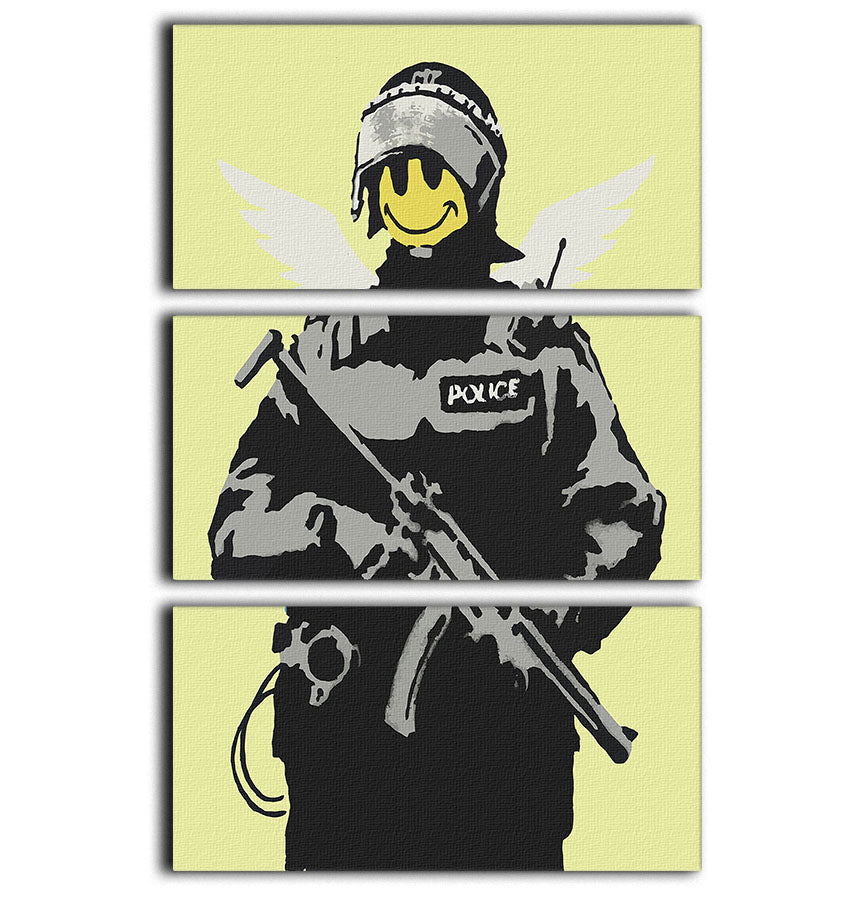 Banksy Smiley Angel Policeman Yellow 3-panel canvas print showcasing vibrant colors and modern art style.