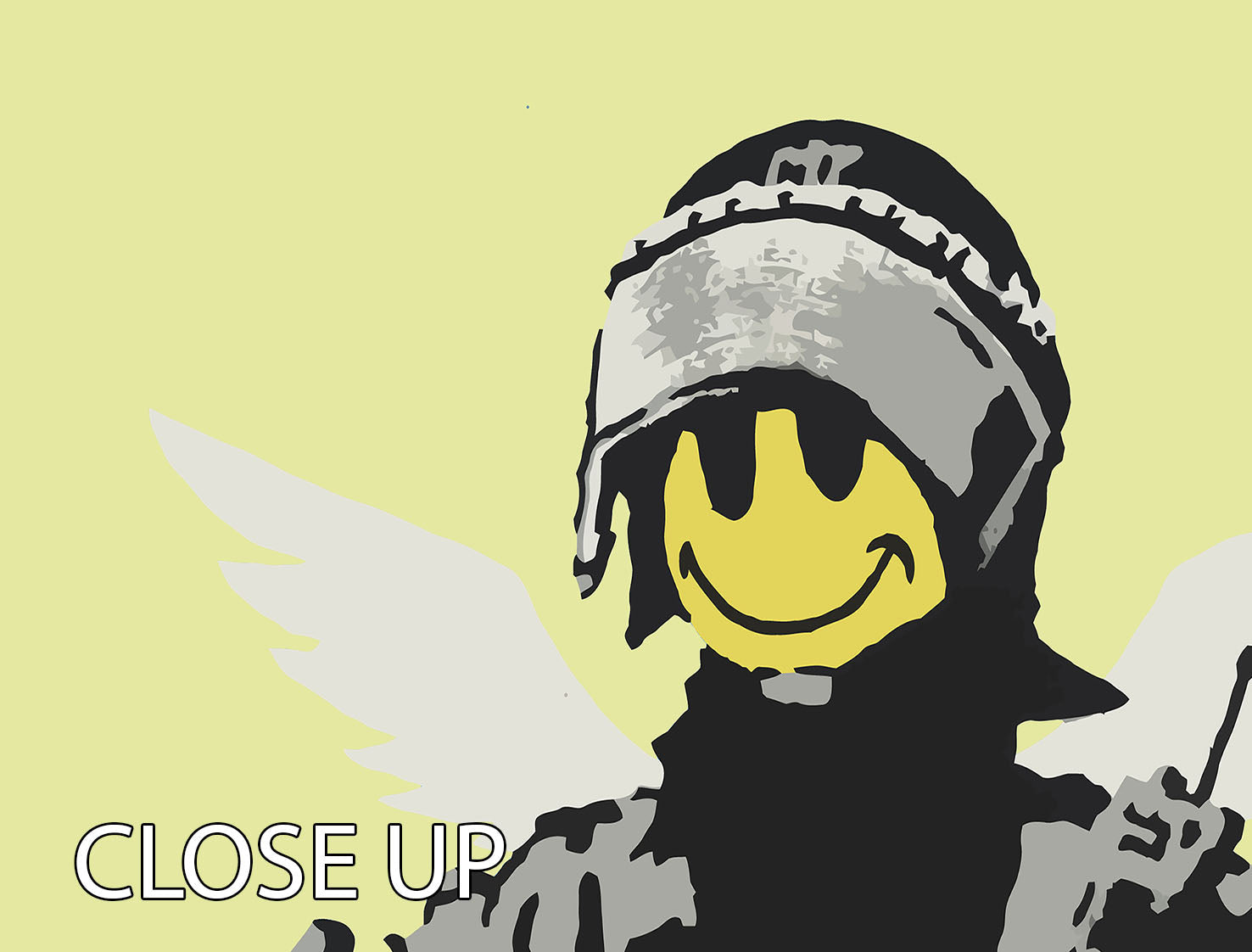 Banksy Smiley Angel Policeman Yellow 3-panel canvas print showcasing vibrant colors and modern art style.