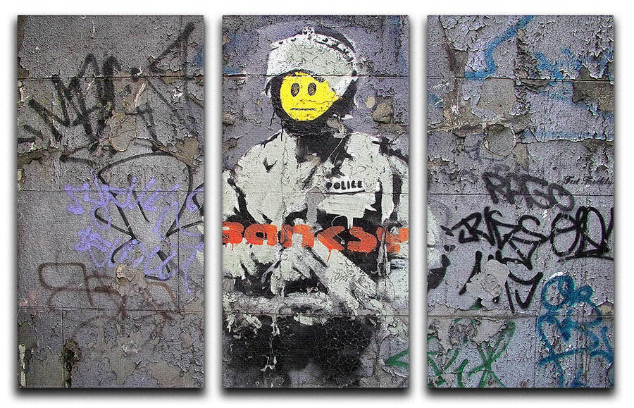Banksy Smiley Riot Cop 3 Split Panel Canvas Print showcasing vibrant colors and modern art style, perfect for home decor.