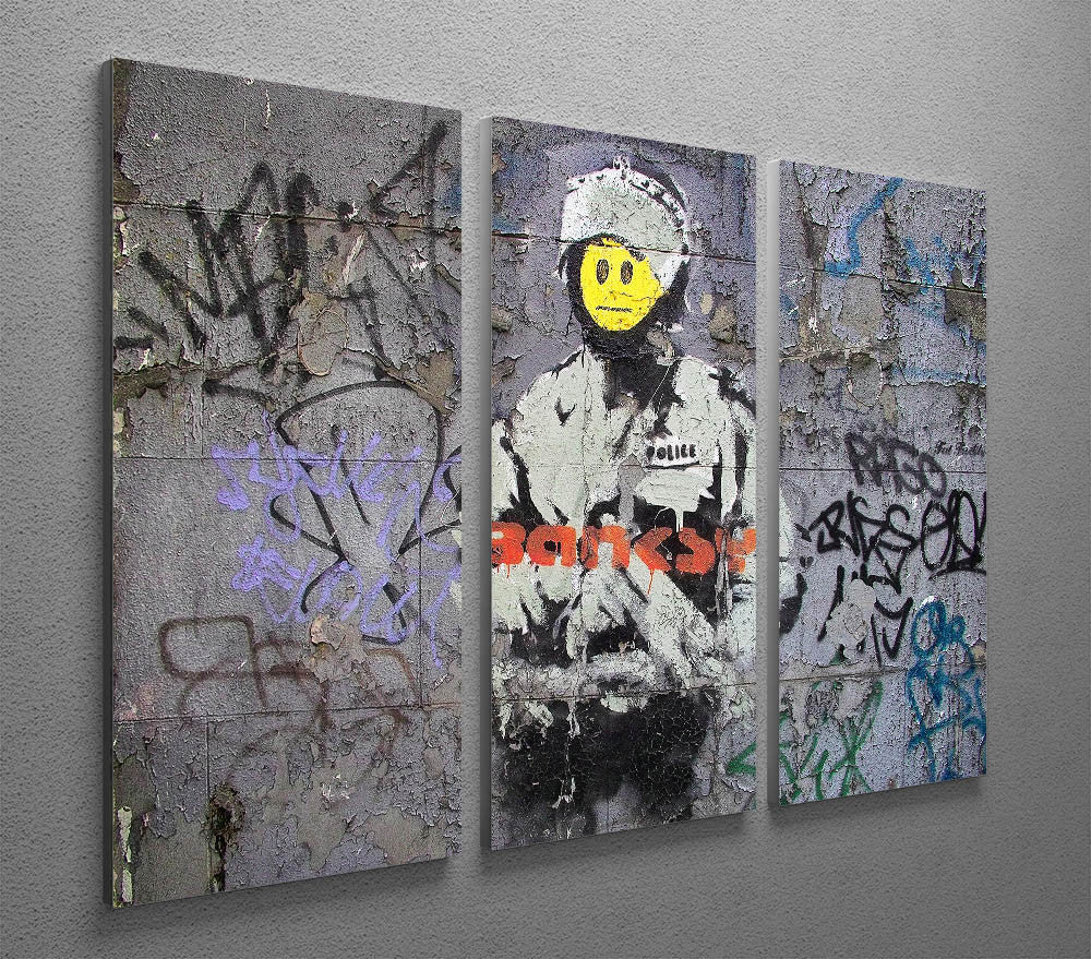 Banksy Smiley Riot Cop 3 Split Panel Canvas Print showcasing vibrant colors and modern art style, perfect for home decor.