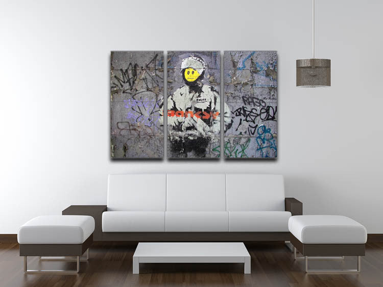 Banksy Smiley Riot Cop 3 Split Panel Canvas Print showcasing vibrant colors and modern art style, perfect for home decor.