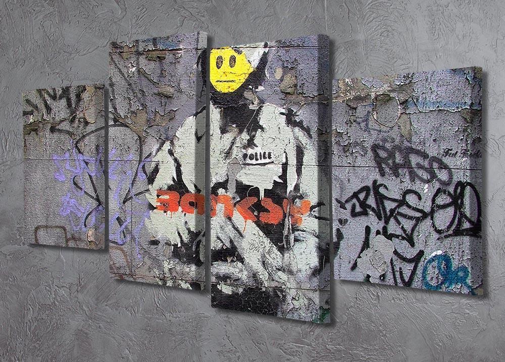 Banksy Smiley Riot Cop 4 Split Panel Canvas artwork featuring a riot cop with a smiley face, divided into four panels.