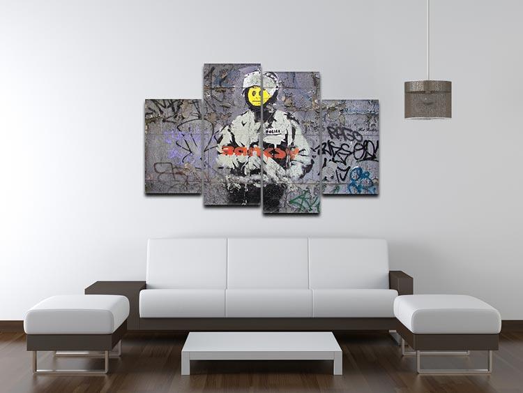 Banksy Smiley Riot Cop 4 Split Panel Canvas artwork featuring a riot cop with a smiley face, divided into four panels.