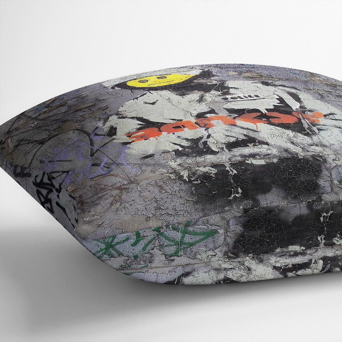 Banksy Smiley Riot Cop Cushion featuring vibrant colors and abstract design on luxurious vegan faux suede fabric.