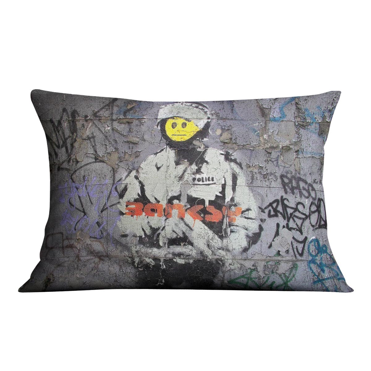 Banksy Smiley Riot Cop Cushion featuring vibrant colors and abstract design on luxurious vegan faux suede fabric.