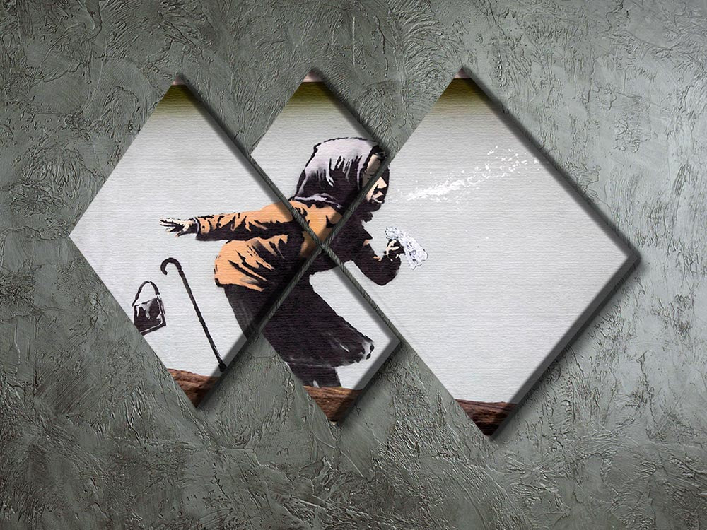 Banksy Sneezing Woman artwork displayed on a 4-square multi panel canvas, showcasing vibrant colors and modern design.