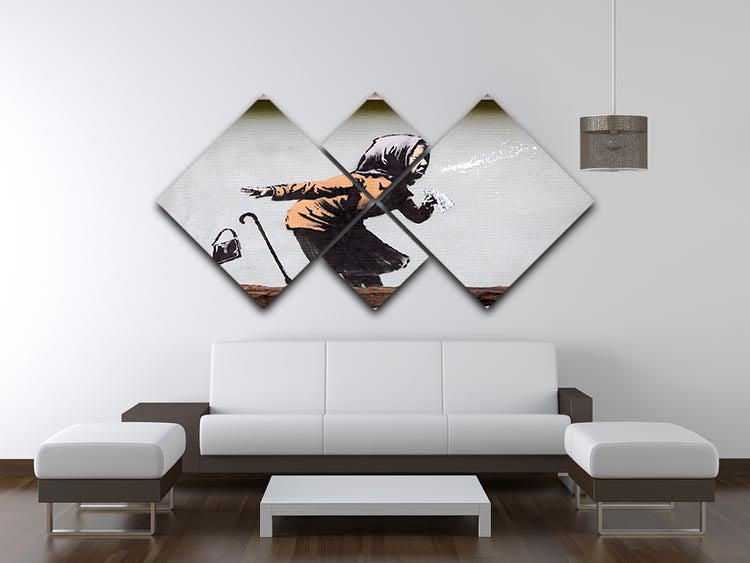 Banksy Sneezing Woman artwork displayed on a 4-square multi panel canvas, showcasing vibrant colors and modern design.