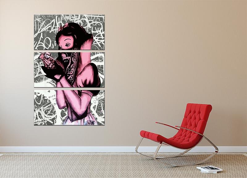 Banksy Snow White Grenade 3 Split Panel Canvas Print featuring vibrant colors and modern art design, perfect for home decor.