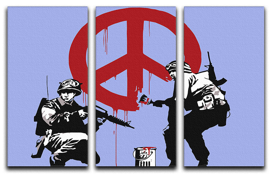 Banksy Soldiers Painting CND Sign Blue 3 Split Panel Canvas Print featuring three panels with vibrant blue tones and modern art design.
