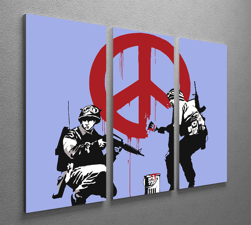 Banksy Soldiers Painting CND Sign Blue 3 Split Panel Canvas Print featuring three panels with vibrant blue tones and modern art design.