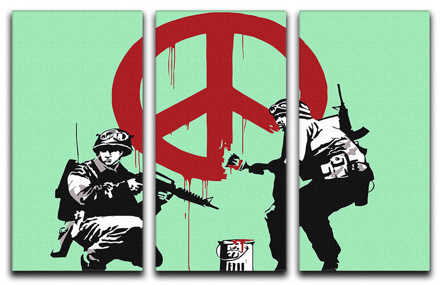 Banksy Soldiers Painting CND Sign Green 3-panel canvas print showcasing modern art with a powerful message.