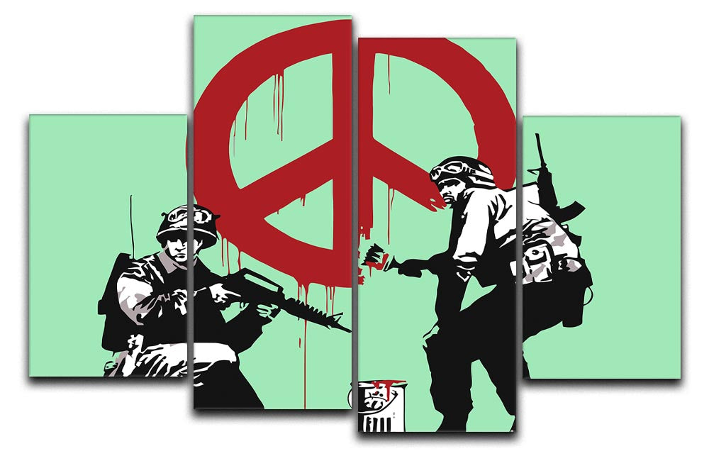 Banksy Soldiers Painting featuring CND sign in vibrant green, displayed as a 4-split panel canvas artwork.