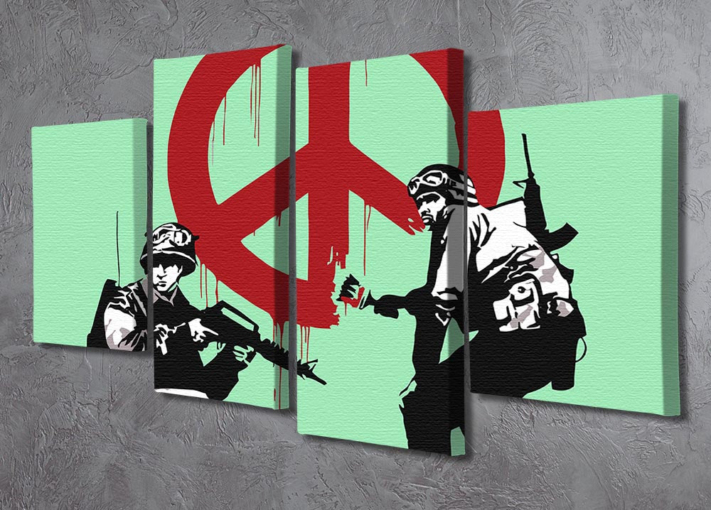 Banksy Soldiers Painting featuring CND sign in vibrant green, displayed as a 4-split panel canvas artwork.