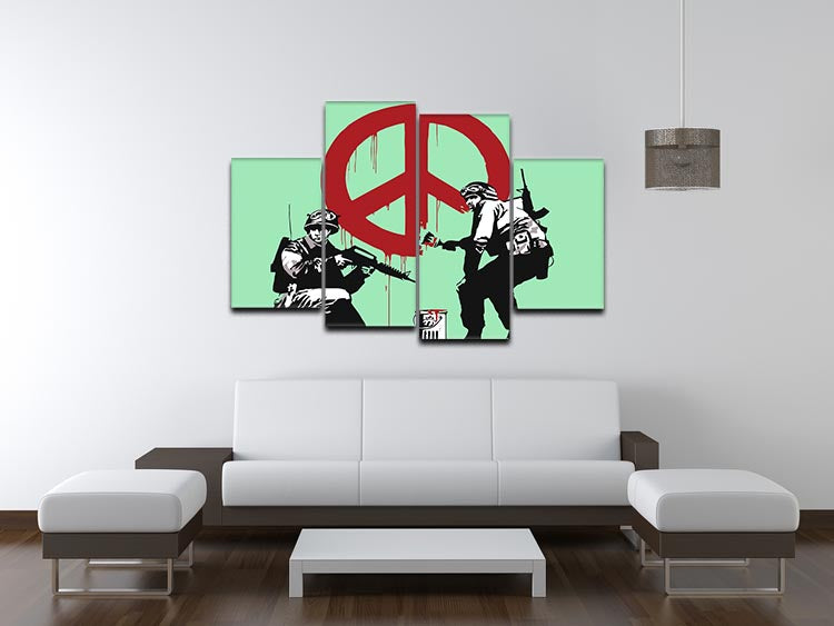 Banksy Soldiers Painting featuring CND sign in vibrant green, displayed as a 4-split panel canvas artwork.