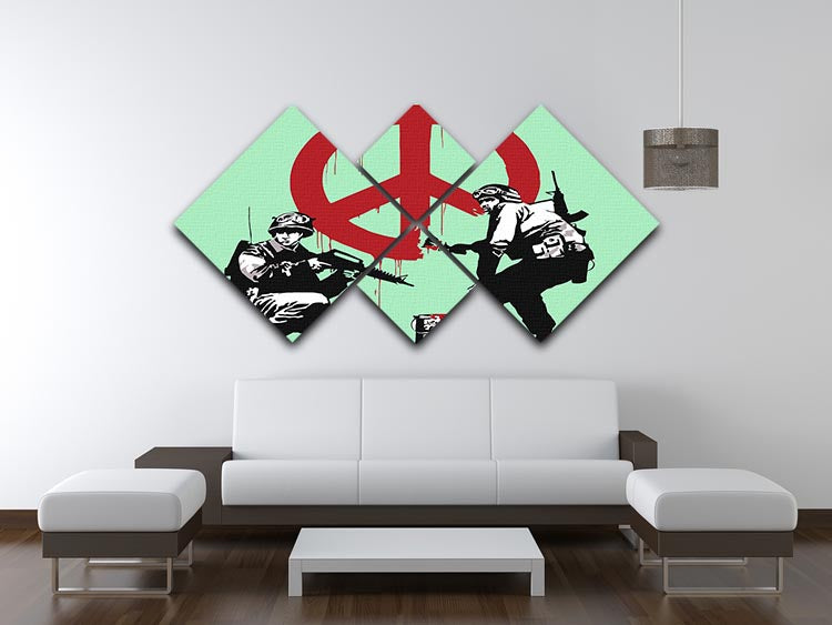 Banksy Soldiers Painting featuring CND sign in vibrant green, displayed as a 4-square multi-panel canvas artwork.