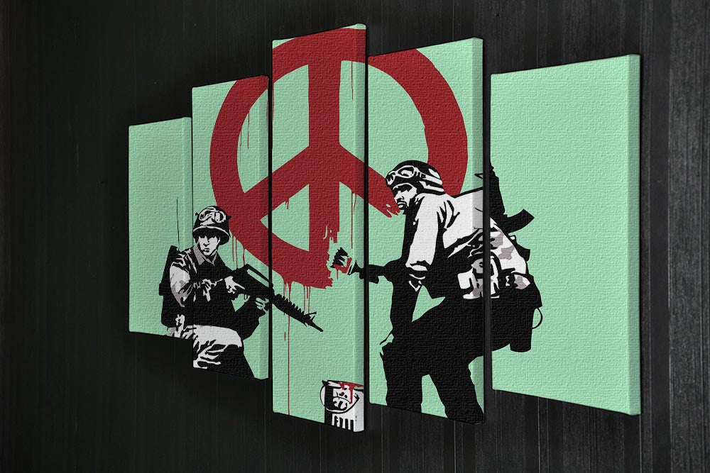 Banksy Soldiers Painting featuring a green CND sign, displayed in a 5-split panel format, showcasing modern art aesthetics.