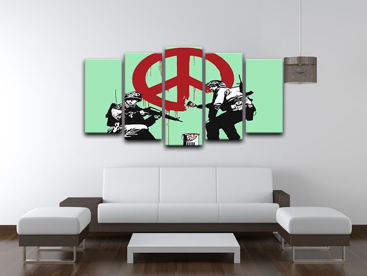 Banksy Soldiers Painting featuring a green CND sign, displayed in a 5-split panel format, showcasing modern art aesthetics.