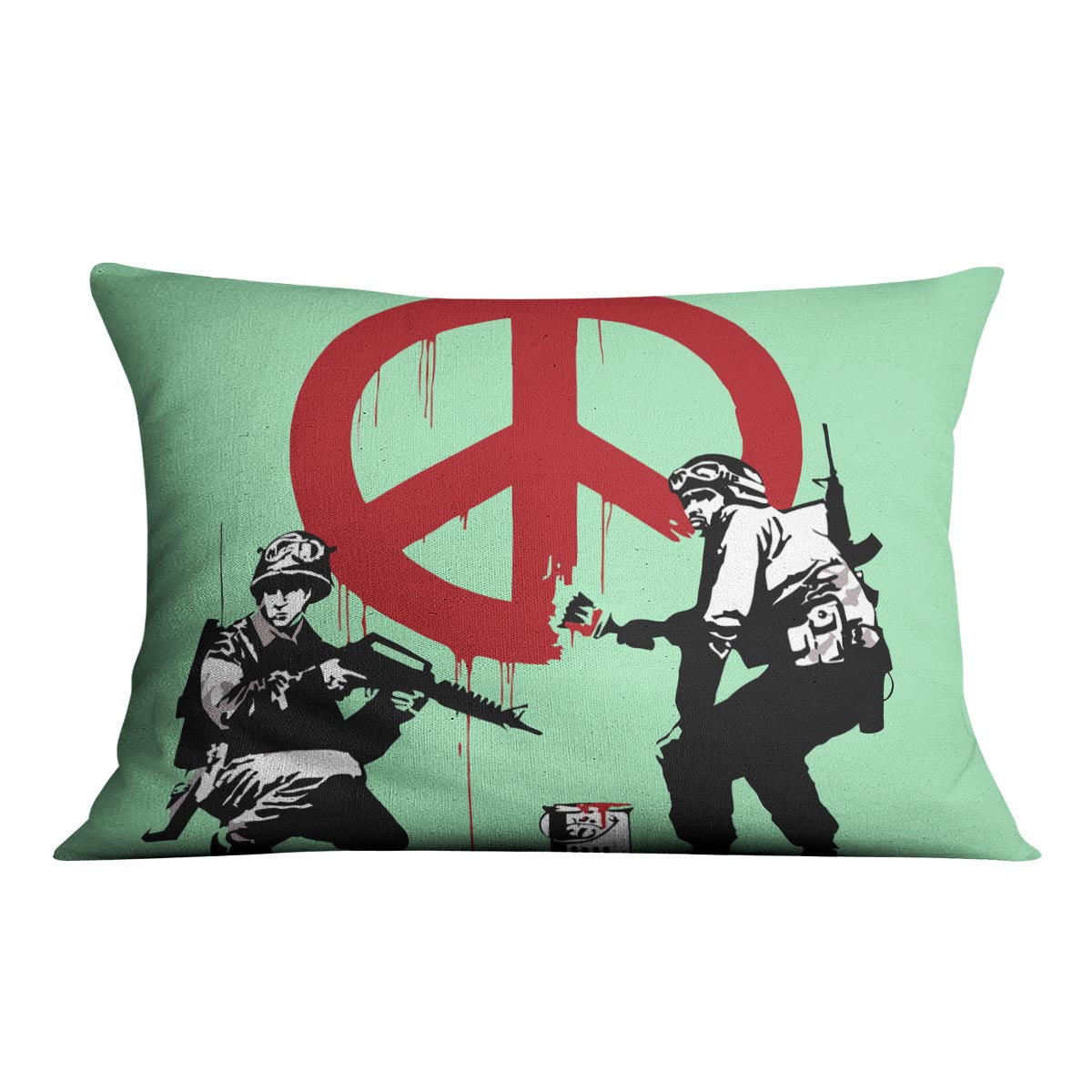Banksy Soldiers Painting CND Sign Green Cushion featuring vibrant colors and artistic design on luxurious faux suede fabric.