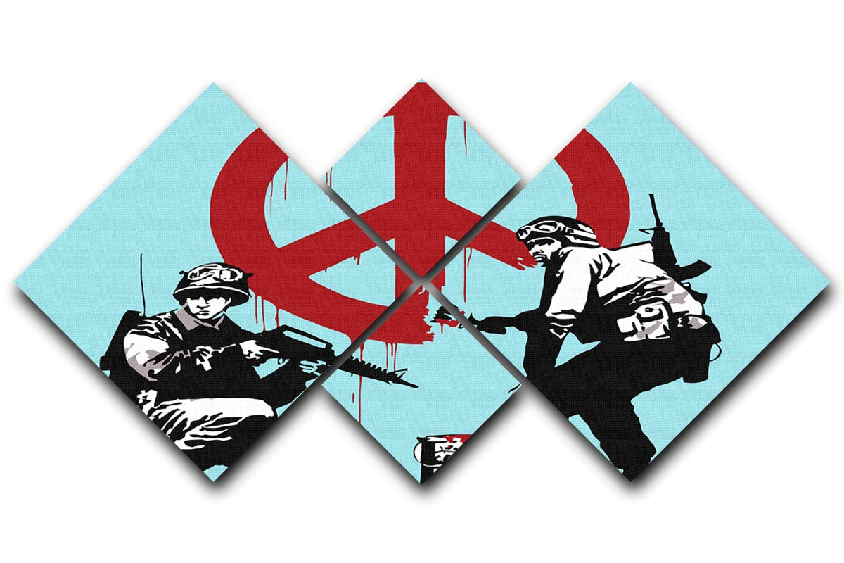 Banksy Soldiers Painting featuring CND sign in light blue, displayed in a 4-square multi-panel format, showcasing modern art aesthetics.