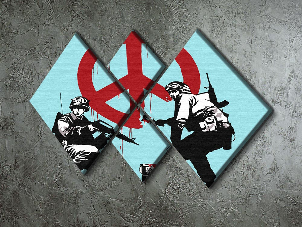 Banksy Soldiers Painting featuring CND sign in light blue, displayed in a 4-square multi-panel format, showcasing modern art aesthetics.