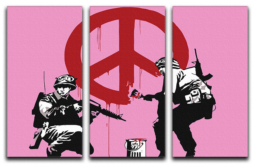 Banksy Soldiers Painting CND Sign Pink 3-panel canvas print showcasing vibrant colors and modern design, perfect for home decor.