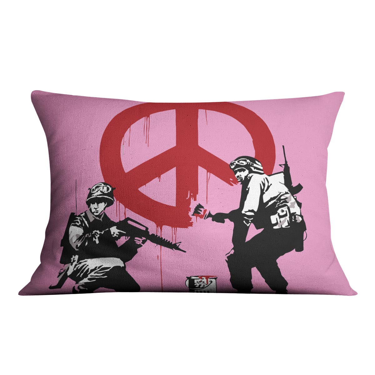 Banksy Soldiers Painting CND Sign Pink Cushion featuring vibrant colors and luxurious vegan faux suede material.