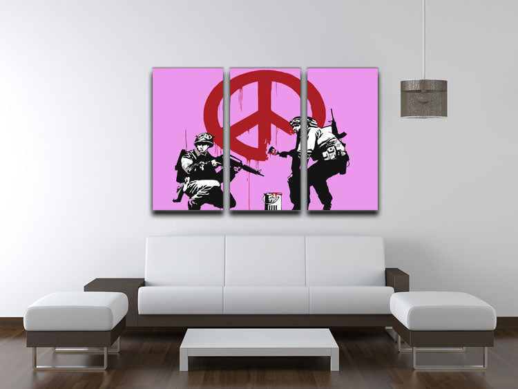 Banksy Soldiers Painting CND Sign Purple 3-panel canvas print showcasing vibrant colors and modern art design.