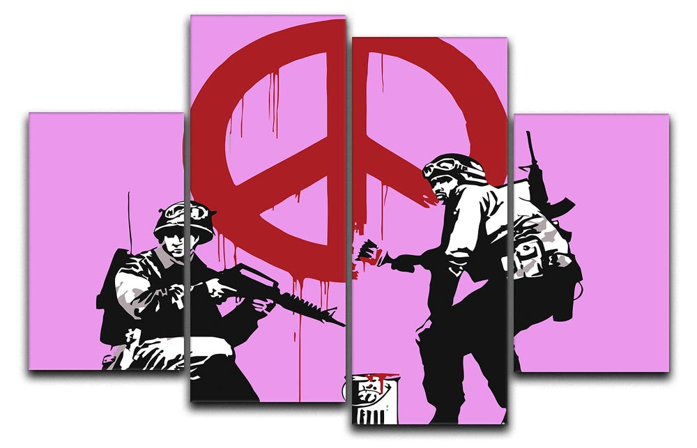 Banksy Soldiers Painting featuring CND sign in purple, displayed as a 4 split panel canvas art piece.