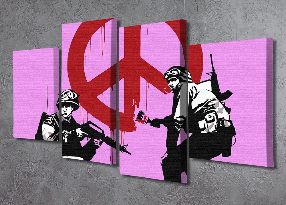 Banksy Soldiers Painting featuring CND sign in purple, displayed as a 4 split panel canvas art piece.