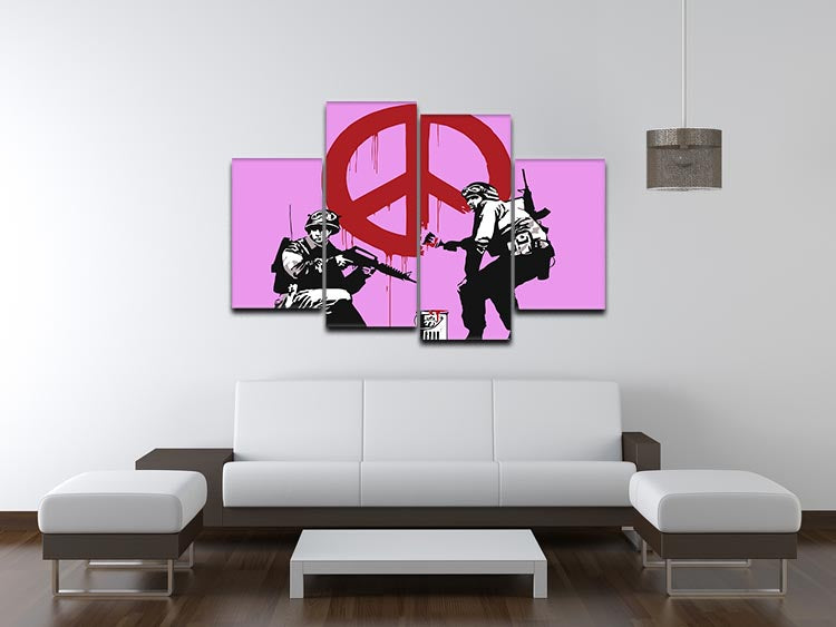 Banksy Soldiers Painting featuring CND sign in purple, displayed as a 4 split panel canvas art piece.