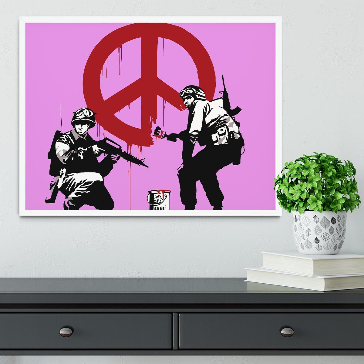 Banksy Soldiers Painting CND Sign in a purple framed print, showcasing vibrant colors and intricate details.