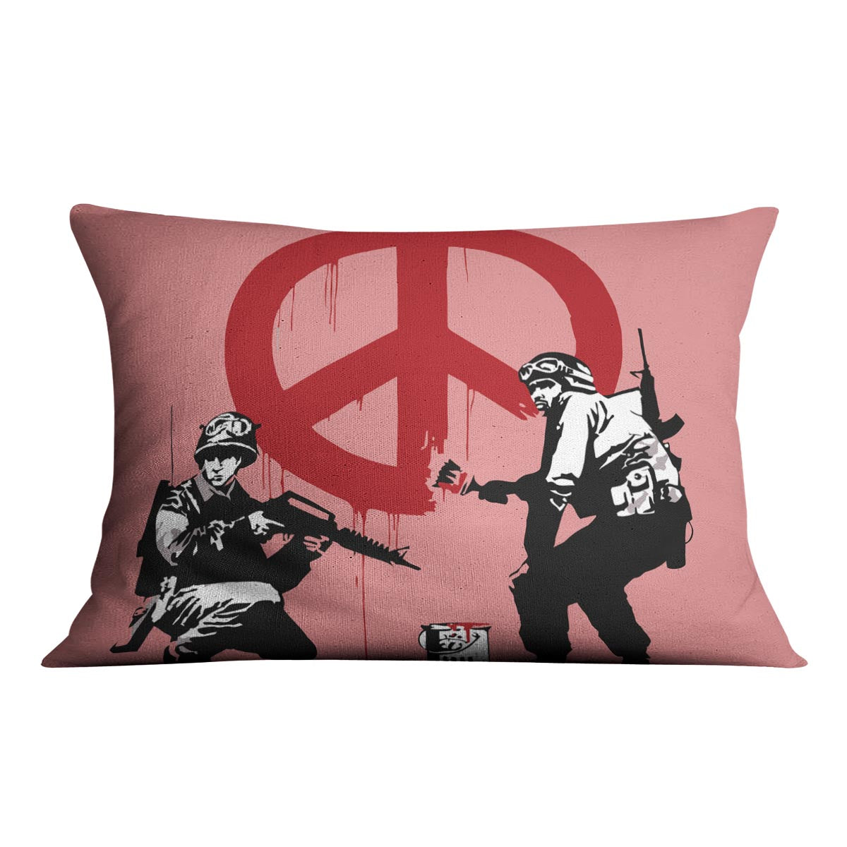 Banksy Soldiers Painting CND Sign Red Cushion featuring vibrant colors and luxurious vegan faux suede fabric.