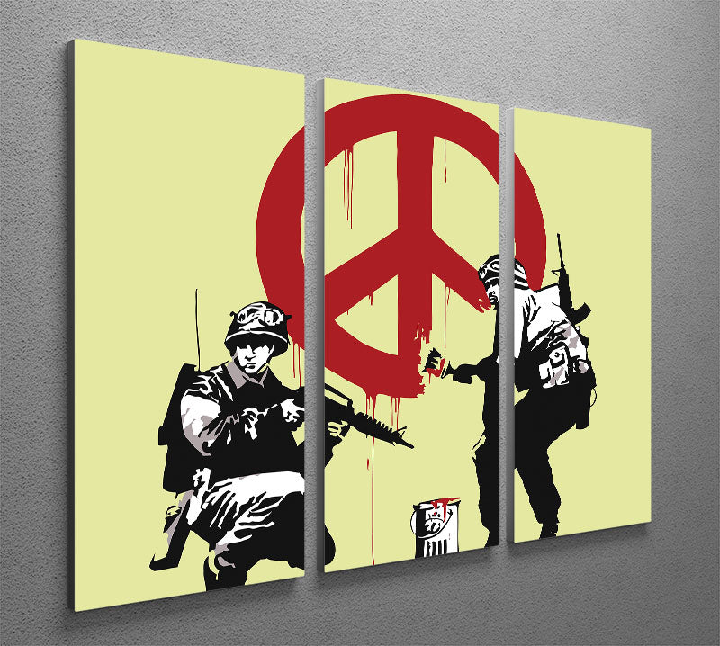 Banksy Soldiers Painting CND Sign Yellow 3 Split Panel Canvas Print showcasing vibrant colors and modern art style across three panels.