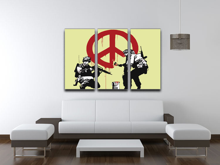 Banksy Soldiers Painting CND Sign Yellow 3 Split Panel Canvas Print showcasing vibrant colors and modern art style across three panels.