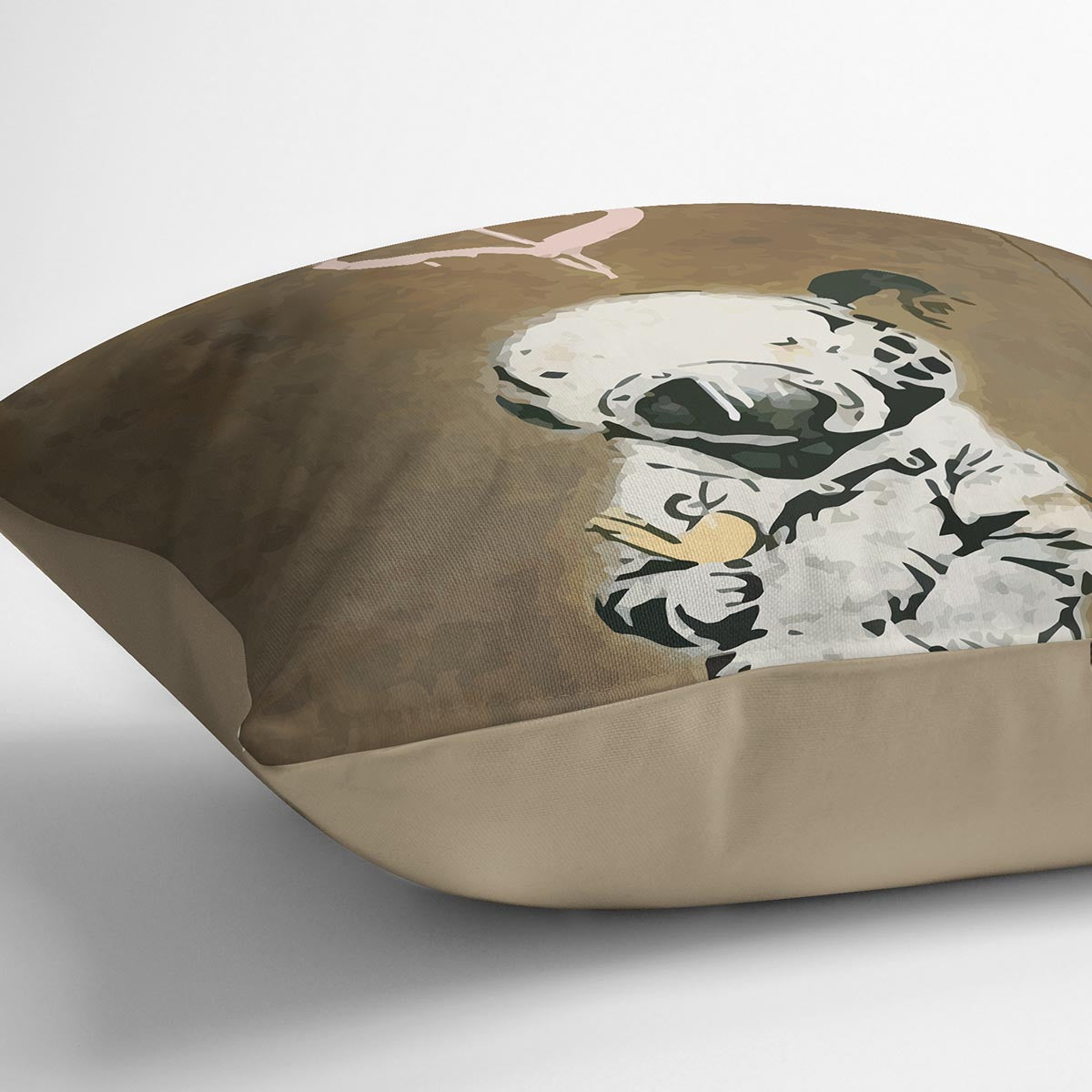 Banksy Space Girl And Bird Cushion featuring vibrant colors and abstract design on luxurious vegan faux suede.