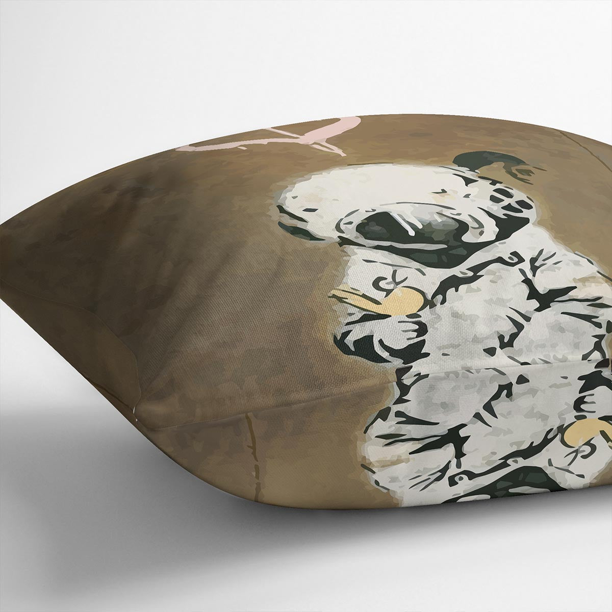 Banksy Space Girl And Bird Cushion featuring vibrant colors and abstract design on luxurious vegan faux suede.