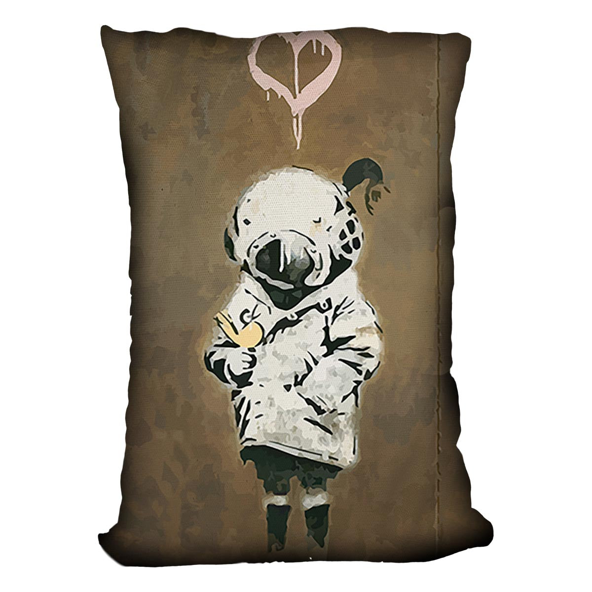 Banksy Space Girl And Bird Cushion featuring vibrant colors and abstract design on luxurious vegan faux suede.