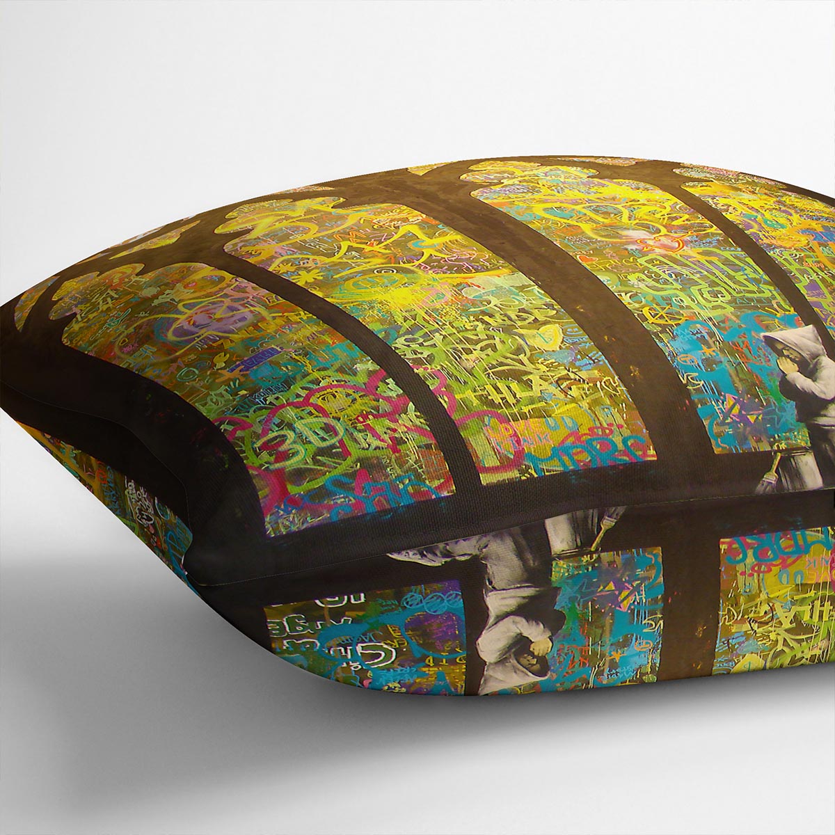 Banksy Stained Glass Window Cushion featuring vibrant abstract design on luxurious vegan faux suede, perfect for home decor.